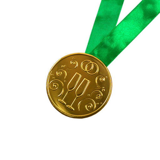 Шоколадная медаль на ленте "Свадебная" ( лента зелёная )
